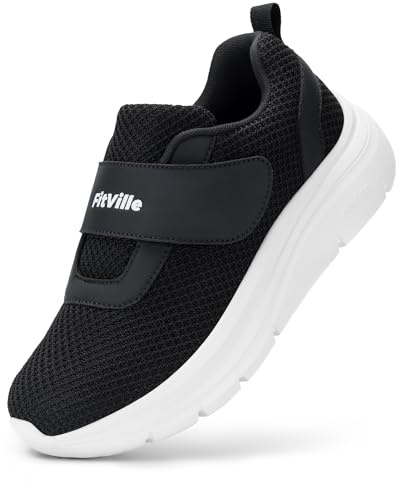 FitVille Women's Wide Trainers Lightweight Diabetic Shoes Adjustable Strap Comfortable Walking Sneakers for Swollen Feet Black