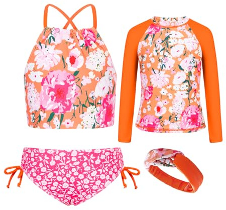 GRACE KARIN Girls Tankini Swimsuit Size 8 Long Sleeve Rash Guard UPF 50+ Swimwear Orange Floral
