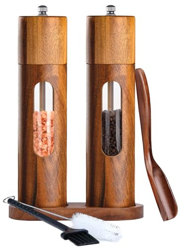 Uallsny Pfeffermühle Holz Salz und Pfeffermühle Manuell Salzmühle Gewürzmühle mit verstellbarem Keramikmahlwerk 2er Set mit Untersetzer für Pfeffer Salz Gewürze Höhe 21,5 cm