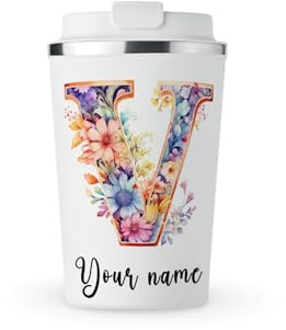 MAXIKIWI - Tazza termica personalizzata a doppia parete, a tenuta stagna, in acciaio inox, tazza da viaggio per caffè o tè, con coperchio, mantiene le bevande calde e fredde - Acquerello con alfabeto