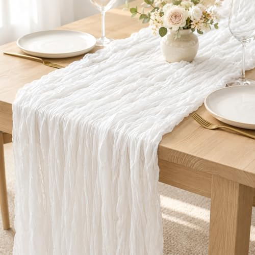 Sioloc 1 Stück Elfenbein Mulltuch Tischläufer 90x300 cm Boho Gaze Läufer für Herbstdeko, Hochzeit, Party, Baby Bridal Shower, Geburtstags Tischdekoration