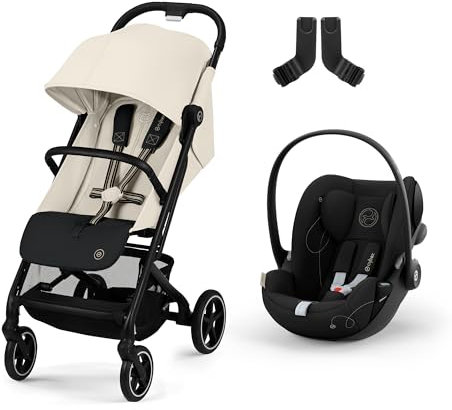 CYBEX Gold Kinderwagen Beezy, Ab Geburt bis ca. 4 Jahre, Canvas Whiten, Inkl. Beezy Adapter und CYBEX Gold Babyschale Cloud G i-Size Inkl. Neugeboreneneinlage, ab Geburt bis ca. 24 Monate, Moon Black