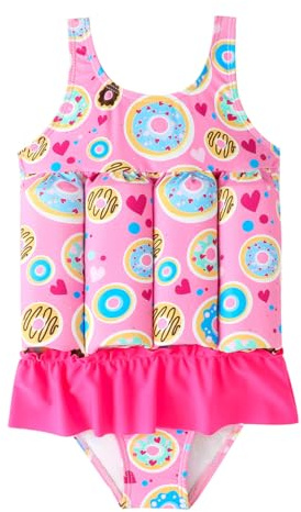 IDOPIP Kids Baby Girls Float Suit Donut Floatation Swimsuit with Adjustable Buoyancy Bathing Swimwear Toddler One Piece Swimming Suit Summer Sleeveless Swim Vest Jacket Dress Pink Donut 18-24 Months