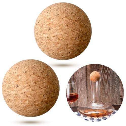 Shappy 2 tappi a sfera in sughero in legno per bicchieri da vino, decanter, caraffa di vino, decanter, regalo di ricambio per bottiglie di whisky, champagne, feste (7 cm)
