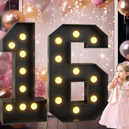 Vdhfgso 4FT Giant Black Marquee Numbers 40 Marquee Light Up Numbers for 40th Birthday Decor Mosaic Numbers Frame Cardboard DIY Numbers with Light Bulbs Party Anniversary Decorations(Number 16,4FT)