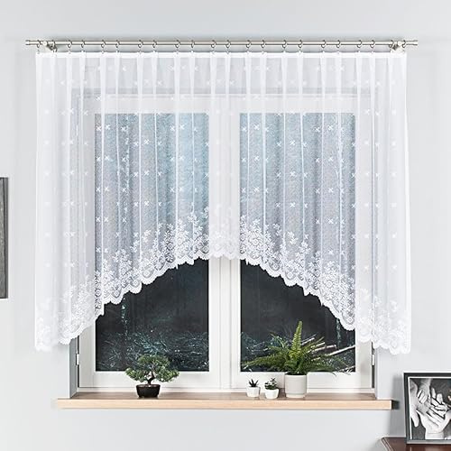 Gardinen Vorhangen Weiß 400x170 cm (BxH) Bonita Stores Gardinen mit Kräuselband Kurz Jacquard Scheibengardine Wohnzimmer Vorhänge Fertiggardine Küchengardinen Bogen Kurzstores
