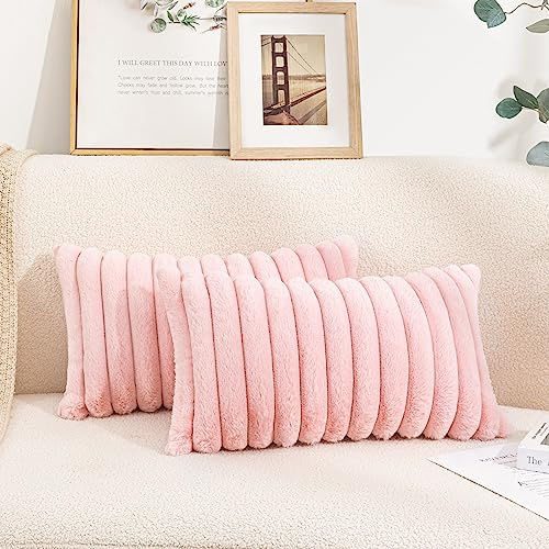 Uhomy Lot de 2 housses de coussin décoratives en fausse fourrure pour la maison, taies d'oreiller luxueuse super douce et pelucheuse à rayures pour canapé, canapé-lit, chambre à coucher, coussin épais