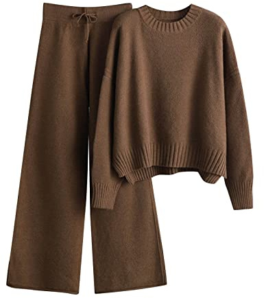 HEONSATI Complete di Lana da Donna Eleganti Tuta Due Pezzi in Maglia Offerte Tute Pullover Top Maniche Lunghe e Pantalone a Gamba Larga in Vita Completi Sportive Invernale Sportswear Lavorati Comodo