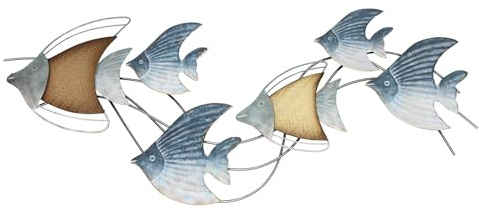 FRANK FLECHTWAREN Wanddeko Fischschwarm, Metall, Maße: 89 x 39 cm, Schöne Maritime Deko in Blau- und Brauntönen mit Goldfinish