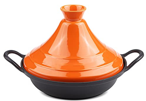 Cast Iron Moroccan Tagine Pot, Ceramic Casserole Tagine Pot - Home Moroccan Slow Cooker Pot with Enameled Cast Iron & Lid for Cooking and Stew,Orange