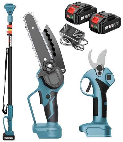 Sécateur et tronçonneuse électrique 4 en 1, sécateur de Jardin sans Fil avec Perche d'extension et Batterie 2 x 3,0 Ah, kit de Coupe de Branches pour Cour, Maison, verger