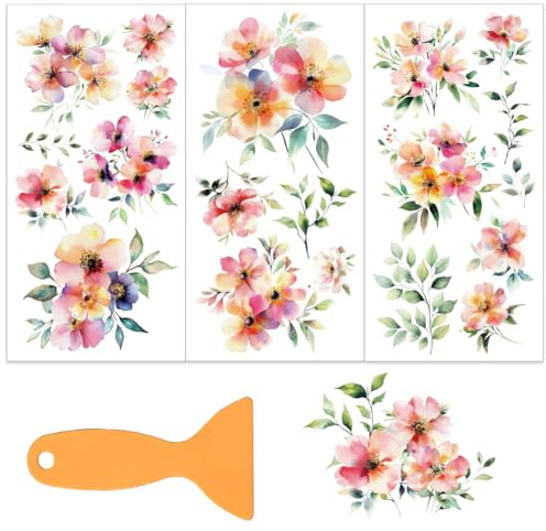 OLYCRAFT 3 Stück/Set Aquarellblumen Transferfolien Zum Aufreiben Für Möbel Und Kunsthandwerk 15x30cm Große Blumen Möbelaufkleber Dekor Transferaufkleber Mit 1 Teiligem Schaber Für Holzmöbel Dekor