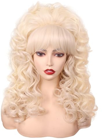 FantaLook 80s Long Curly Vintage Cosplay Wig with Bang for Women 60 70s Queen Costume for Halloween Party (Blonde)
