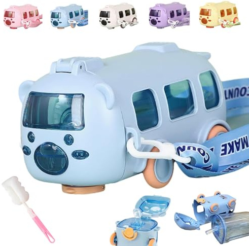 Portable Water Cup in Bus Shape with Strap, 500ml Detachable Fun Toy Bus Water Bottle, 360° Leak-Proof Jug with Straw, Cute Bounce Flip Top Cup for Camping Trips (Blue)
