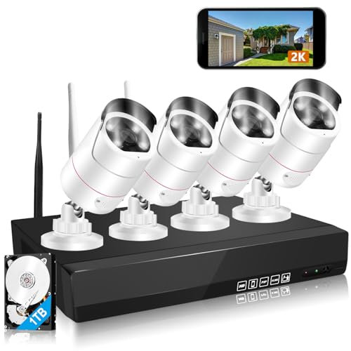 3MP+ 2 Way Audio Wireless CCTV Camera System Outdoor, Ultra HD WIFI Floodlight IP Security Cameras Home Surveillance 8 Channels Kits, AI Detection, Color Night Vision, 1TB HDD