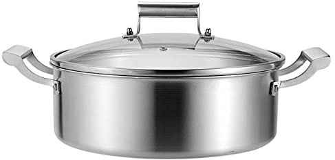 Shallow Casserole Pan - Stainless Steel Serving Pot with Lid, Induction Compatible, Side Handles and Glass Lid, 34cm