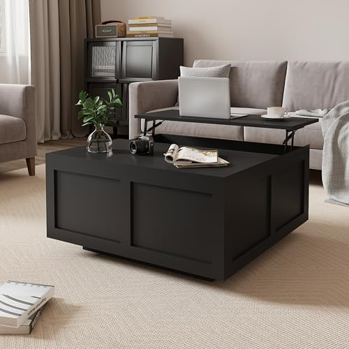 KEEPREAPER Lift Top Coffee Table with Storage, Square Black Coffee Table with Large Hidden Storage, Wood Living Room Table Center Table for Living Room Dining Reception Room