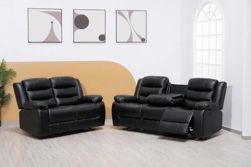Madrid Leather Recliner Sofa Set with Cupholders – 3+2 Seater Manual Recliner Sofas for Living Room (Black, 3+2 Seater)