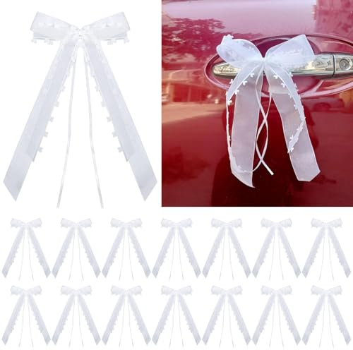 Autoschleifen Hochzeit,RoadLoo 30 Stück Autoschmuck Hochzeit Weiß mit Herzen Schleifen für Hochzeitsdeko Hochzeitsschleifen Handgemacht Satinband für Brautauto Geschenk Hochzeitsfeier (12×25CM)