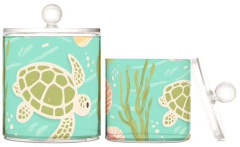 Yoogain Turtle Green Sea - Contenitore portaoggetti in plastica trasparente con coperchio, per riporre cotton fioc, bastoncini di cotone, filo interdentale, graffette, confezione da 2