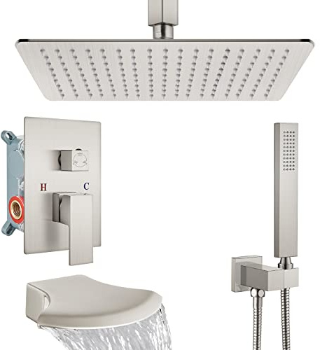 Doccia Soffione a soffitto Rain 16 Pollici Rubinetto per Vasca in Nichel Spazzolato Set Quadrato Rainfall con spruzzatore Portatile e Cascata Beccuccio per Vasca Valvola di
