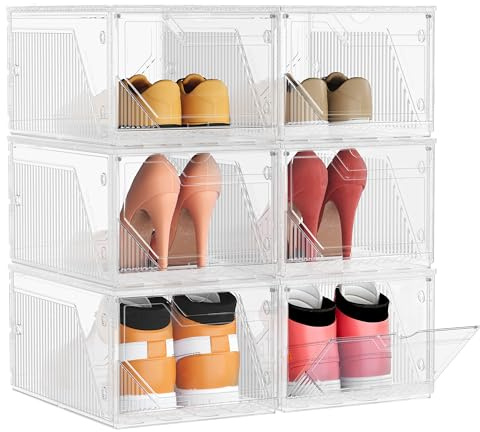 SONGMICS Shoe Organizer for Closet, Set of 2, Shoe Storage Box with Clear Lid, Foldable Fabric Bins, Holds 32 Pairs Total, Reinforced Handles, 16.5 x 16.5 x 12.5 Inches, Cattail Gray ULSP602G01