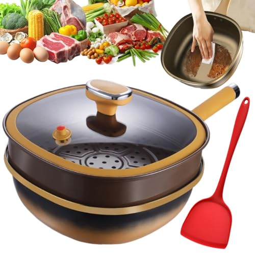 12in Titanium Alloy Non-stick Pot with Lid, Extreme Non-stick Frying Pan, Large Deep Frying Pans Nonstick for Cooking Baking, Stainless Steel Hammered Cookware with Stay-Cool Handles(With Steamer)