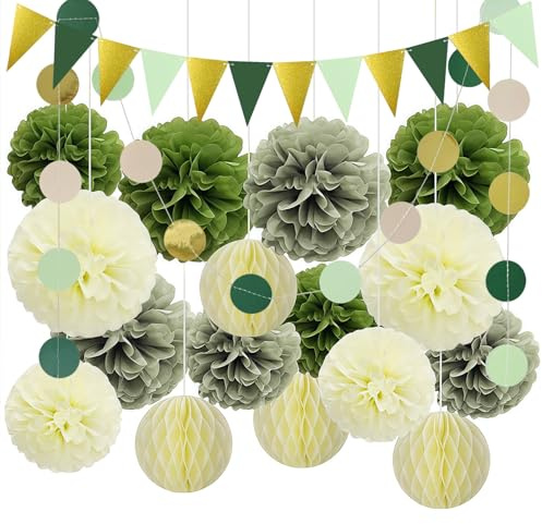 TTYSHIP Lot de 18 pompons décoratifs en papier avec guirlande de fanions et guirlande en papier à pois pour mariage, anniversaire, fête de jardin (vert sauge/vert olive/beige)