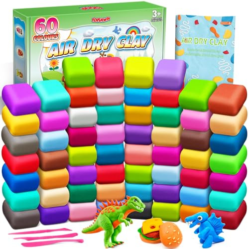 Argilla da Modellare, 60 Colori Pasta Modellabile Magica Essiccante All'aria per Bambini, Regalo per Ragazzi e Ragazze Dai 3 ai 12 Anni