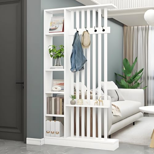 Wall Room Divider - Freestanding Wood Room Divider with Shelves and Coat Rack, Wall Divider with Storage Cabinet and Display Shelf, Freestanding Decor for Bedroom, Office