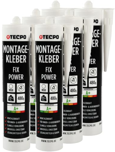 TECPO Montagekleber Fix Power, 6X 480g Universal Baukleber Kartuschen Kraftkleber 200kg 10 cm² für Akustikpaneele, Styropor, Sockelleite Innen und Außen schnelle Verklebung ohne Grundierung