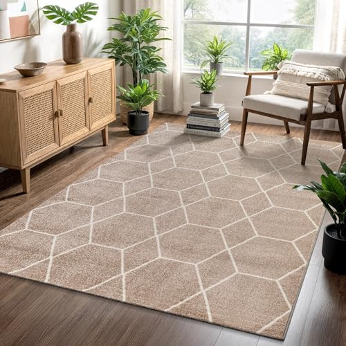 SANAT Wohnzimmerteppich – Pflegeleicht, für jeden Raum geeignet – Öko-Tex zertifizierter Flächenteppich – Trellis Muster, Beige, 140 x 200 cm
