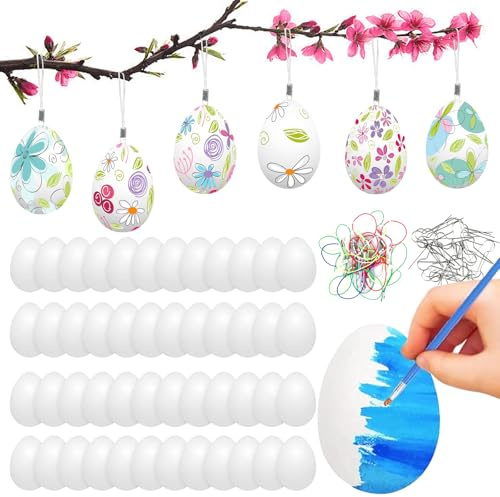 Plastikeier zum Aufhängen, 24 Stück Ostereier zum Aufhängen Draussen, Weiß Ostereier Plastik zum Selbst Bemalen Beschriften, Ostern Basteln Deko Plastikeier mit Seidenband für Osterdekoration