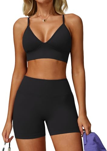 JTSONN Conjunto Deportivo para Mujer Gimnasio de Punto Elástico Yoga Tirantes Fitness Ropa Escote en V Espalda Descubierta Sujetador Combinado Pantalones Cortos Fruncido Ropa Deportiva sin Costuras