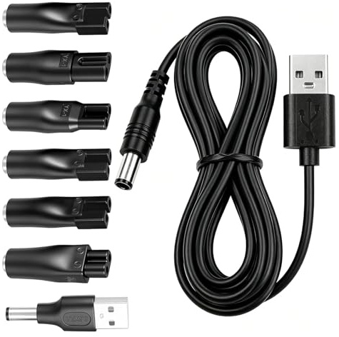 Universal USB Shaver Charging Cable Kit, 7-in-1 Replacement Charger with 6 Interchangeable Adapters for Electric Shavers, Hair Clippers & Body Groomers, USB Powered, 100cm