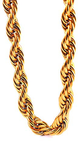 TUOKAY Direct 9mm Faux Big Gold Rope Chain Necklace, Sparkling 18K Fake Gold Rope Necklace Chain, 24 Very Pretty School Rapper Kit Costume Accessory, 24 inches long, Stainless Steel, No Gemstone