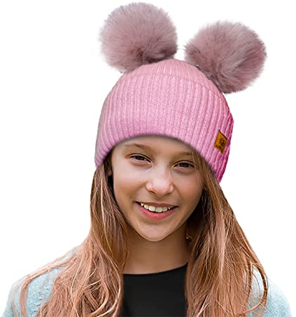 4sold Rita Barnmössa för vintern, stil beanie, stickad mössa med pälstofs, toppluva, huvudbonad, skidåkning, snowboard, megi rosa, En Storlek