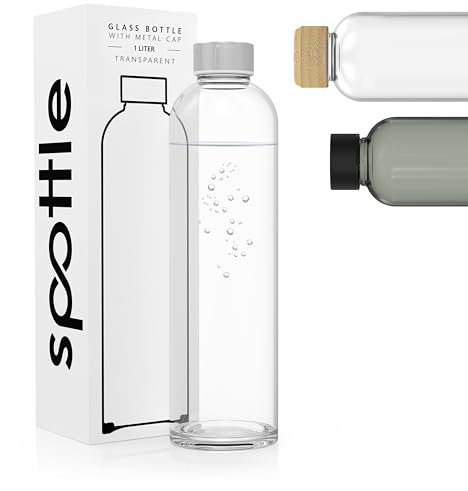 spottle Trinkflasche Glas 1L - Glasflasche in 500ml - 750ml oder 1 Liter - Glas Wasserflasche für Kohlensäure geeignet – Glastrinkflasche spülmaschinenfest & auslaufsicher