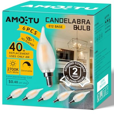 AMDTU E12 40 Watt Equivalent Frosted Small Base LED Bulb Candelabra Candle CA10 Dimmable Chandelier Light Ideal for Dining Rooms Living Rooms and bedrooms Long Lasting Light for Cozy Settings