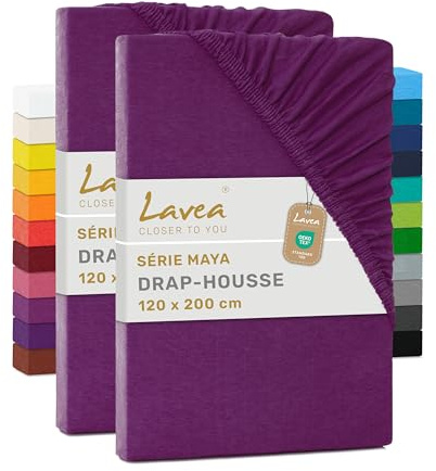Lavea® 2er Pack Jersey Spannbettlaken 120x200cm – Fliederlila | 100% Baumwolle – Weiches Bettlaken für Matratzen bis 20 cm Höhe – Formstabil und Langlebig