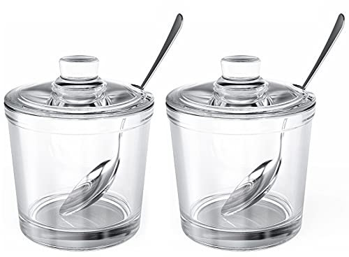 ZEAYEA Set of 2 Clear Glass Sugar Bowl, 6 Ounce Seasoning Box Condiment Pots with Spoon and Lid, Sugar Spice Salt Canister for Home Kitchen, Coffee Bar, Restaurant