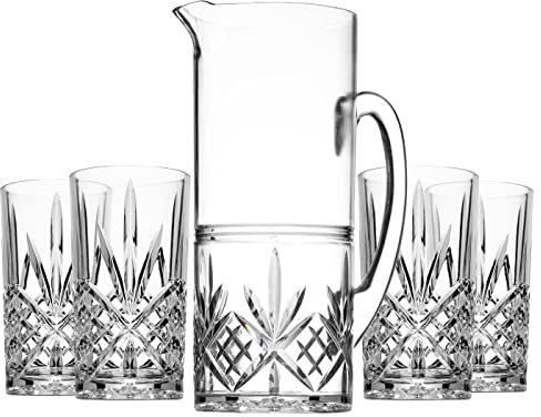 Godinger Pitcher and Highball Drinking Glasses Set, Acrylic Shatterproof Water Jug Pitcher with Tall Drinking Cups - Dublin Collection