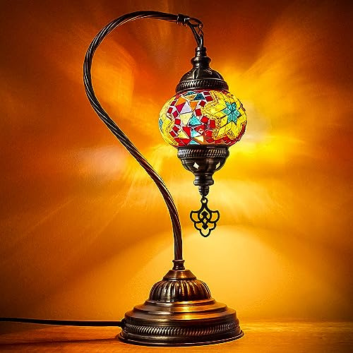 Retrago Home Decor Turkish Moroccan Mosaic Table Lamp - Tiffany Handmade Colorful Mosaic Lamp, Decorative Glass Antique Bohemian Vintage Lamp Shade, Swan Neck Bedside and Table Desk Lamp,15 ½ inch