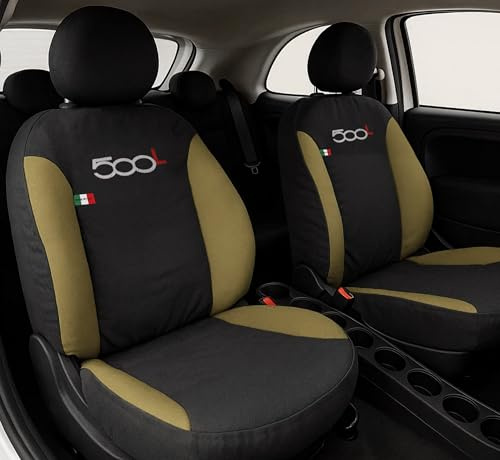 Auto Accessori Lupex | Set 13 Stück Autositzbezüge kompatibel mit 500L 2012-2022, Schwarz Beige, Made in Italy, Schutz für Vorder und Rücksitze, Polycotton-Stoff