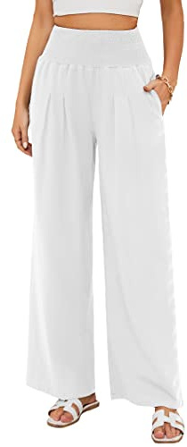 Famulily White Linen Trousers for Ladies Women Loose Smocked High Rise Palazzo Linen Pants with Pockets M