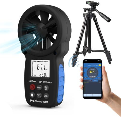 H HOLDPEAK Bluetooth Digital Anemometer, kabellosem Bluetooth Windmesser mit APP, Windgeschwindigkeit/Windtemperatur, LCD-Hintergrundbeleuchtung, für HLK-Segeln/Surfen (mit Stativ)