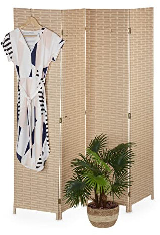 Relaxdays Paravent, 4-teilig, faltbarer Raumtrenner, HxB: 170x160 cm, Kunststoff & Holz, Trennwand für innen, hellbraun