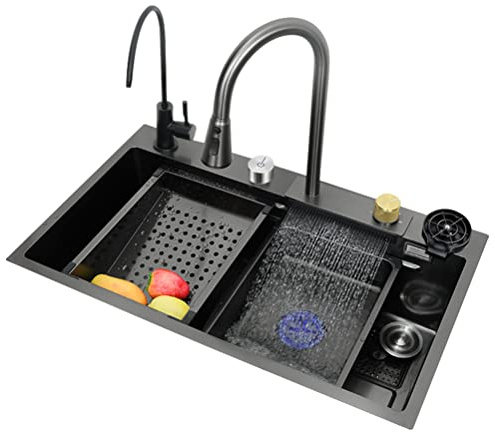 YilwnnCse Single Bowl Küchenspüle Wasserfall Bar Spüle, 304 Spülbecken Edelstahl, Haushaltsspüle Set, Integrierte Spüle mit Abnehmbarem Wasserhahn (68×45×21cm), Gunmetal Grau, (SC-08)