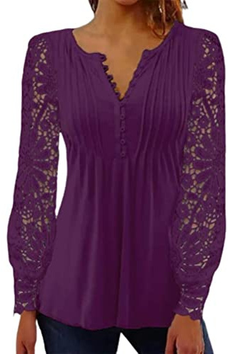 Onsoyours Chemisier Femme Sexy Chic Hauts À Manches Longues Dentelle Ample Tunique Blouse Elégante Mode Col V Shirts Tops Imprimé Automne Pullover