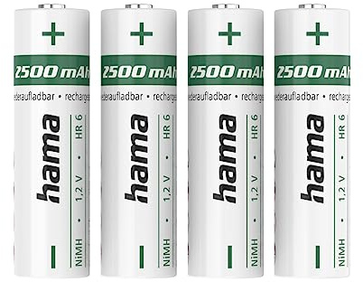 Hama Akku Batterien AA aufladbar, 4 Stück (mit hoher Kapazität, 2500 mAh, 1,2 V, wiederaufladbar, geringe Selbstentladung, Akku AA Mignon, NiMH Akkus, für schnurlose Telefone, Fernbedienung etc.)